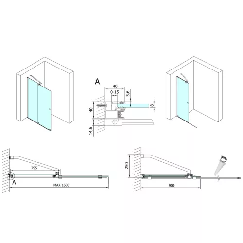 Polysan MODULAR SHOWER tolóajtó fix résszel, 1600mm, transzparent üveg