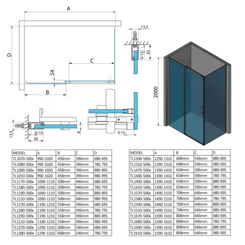 Polysan THRON LINE SQUARE szögletes zuhanykabin 1200x700mm, szögletes görgők
