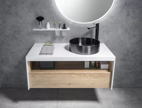 ABELINE rockstone polc, 2 furattal, 1 pohárral, 1 szappanadagolóval, 500x12x100mm, matt fehér/fekete (AE502-0101-03)