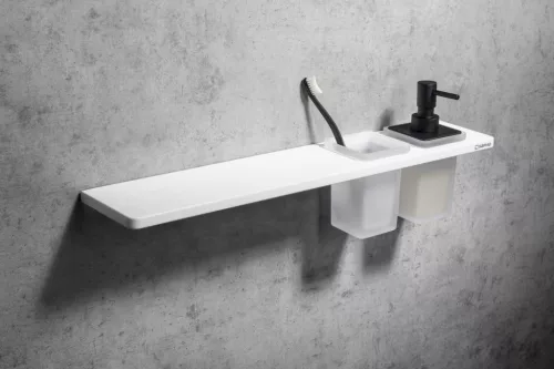 ABELINE rockstone polc, 2 furattal, 1 pohárral, 1 szappanadagolóval, 500x12x100mm, matt fehér/fekete (AE502-0101-03)