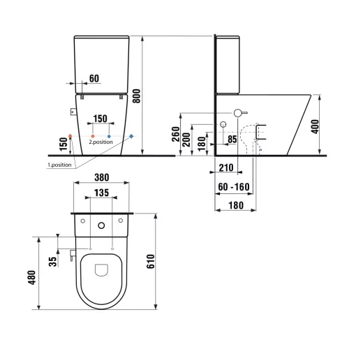 Sapho PACO RIMLESS monoblokkos WC, alsó/hátsó kifolyású, ülőke nélkül, beépített csapteleppel, bidézuhannyal, duálgombos, 38x61cm