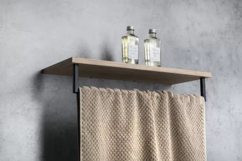 SKA polc törölközőtartóval, 600x250mm, tölgy/matt fekete (SKA385B)