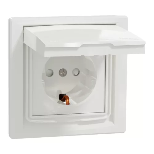 ASFORA 2P+F csatlakozóaljzat, biztonsági zsalu, csapfedeles - IP44, kerettel, fehér (EPH3100321)
