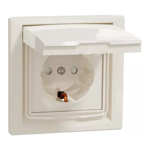 ASFORA 2P+F csatlakozóaljzat, biztonsági zsalu, csapfedeles - IP44, kerettel, bézs (EPH3100323)