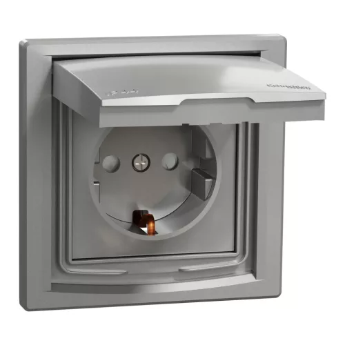 ASFORA 2P+F csatlakozóaljzat, biztonsági zsalu, csapfedeles - IP44, kerettel, alumínium (EPH3100361)