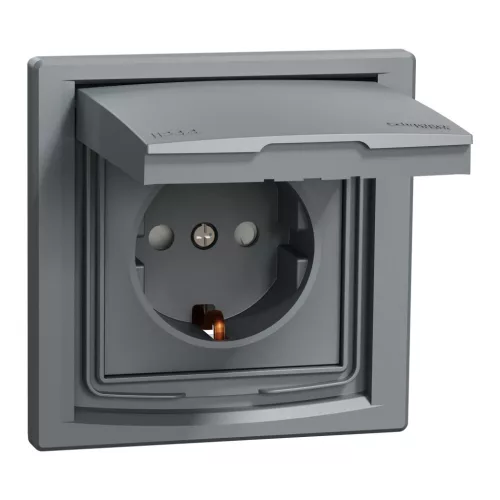 ASFORA 2P+F csatlakozóaljzat, biztonsági zsalu, csapfedeles - IP44, kerettel, acél (EPH3100362)