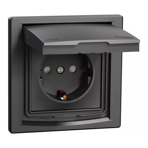 ASFORA 2P+F csatlakozóaljzat, biztonsági zsalu, csapfedeles - IP44, kerettel, antracit (EPH3100371)