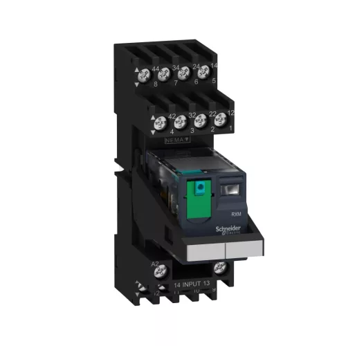 Zelio RXM miniatűr relé, 4CO, 6A, 24VAC, tesztgomb, LED, elválasztott elrendezésű (RXM4AB2B7PVS)