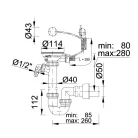 Egymedencés Mosogató szifon, Ø114 mm-es bowdenes leeresztőszeleppel, kerek túlfolyóval, mosgatógép csatlakozással, Ø50 mm-es elfolyással