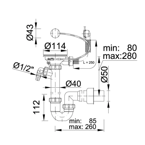 Egymedencés Mosogató szifon, Ø114 mm-es bowdenes leeresztőszeleppel, kerek túlfolyóval, mosgatógép csatlakozással, Ø50 mm-es elfolyással