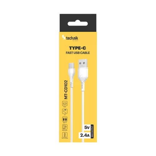 Technik Töltő-és Adatkábel PVC USB-A / USB-C 5V 2,4A 1m Fehér