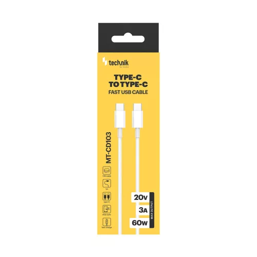 Technik Töltő-és Adatkábel TPE+ABS USB-C / USB-C 60W 20V3A 1m fehér