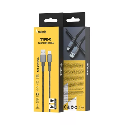 Technik Töltő-és Adatkábel Braided USB-A / USB-C 5V 3A 1m Fekete