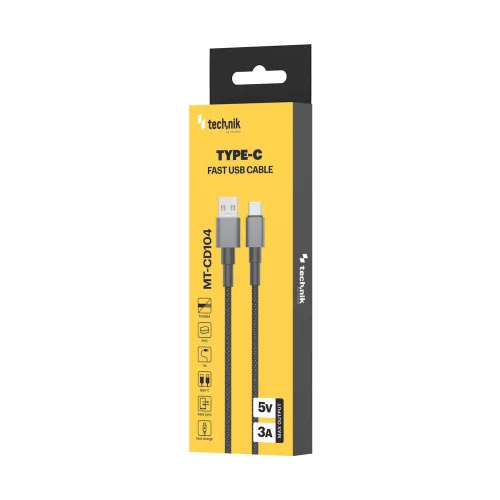 Technik Töltő-és Adatkábel Braided USB-A / USB-C 5V 3A 1m Fekete