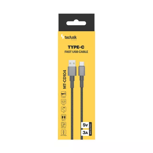 Technik Töltő-és Adatkábel Braided USB-A / USB-C 5V 3A 1m Fekete