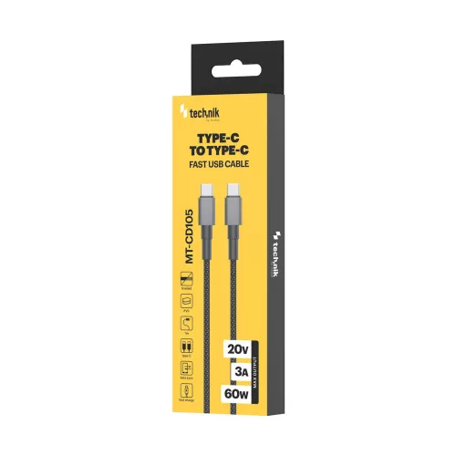 Technik Töltő-és Adatkábel Braided USB-C / USB-C 60W 20V 3A 1m Fekete