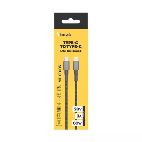Technik Töltő-és Adatkábel Braided USB-C / USB-C 60W 20V 3A 1m Fekete