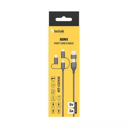 Technik Töltő-és Adatkábel Braided (5in1) USB-A/C to all 5V 3A 1,2m Fekete