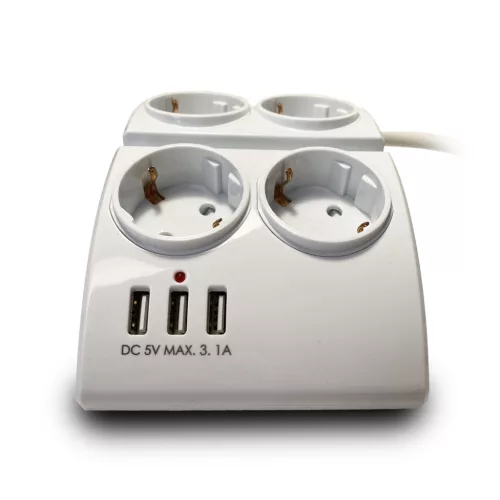 Technik Professional Elosztó Asztali 4 utas 1,5m kábel + 3 USB + kapcsoló 16A