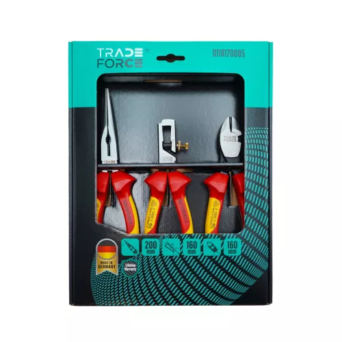 TRADEFORCE - Fogó készlet (blankoló fogó 160mm, oldalcsípő fogó 160mm, hosszú csőrű fogó 200mm) szigetelt 1000V VDE (0118170005)