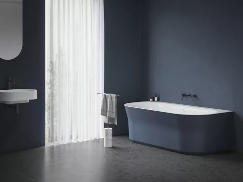 Ravak Ypsilon Wall 178x86, akrilkád, Kék / Fehér, szabadonálló, fehér/fekete/króm lefolyó