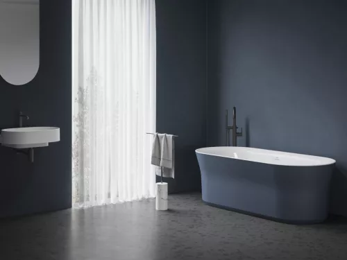Ravak Ypsilon 180x80, akrilkád, Kék / Fehér, szabadonálló, fehér/fekete/króm lefolyó