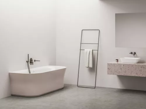 Ravak Ypsilon Wall 178x86, akrilkád, Fehér / Rózsaszín, szabadonálló, fehér/fekete/króm lefolyó